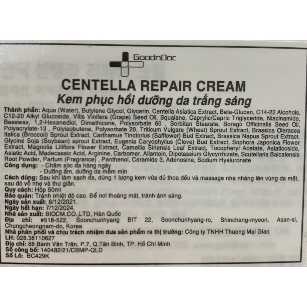 Kem dưỡng ẩm GOODNDOC rau má centella repair cream