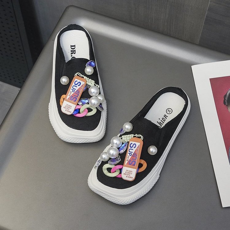 Dép Vải Canvas Đế Bằng Đính Ngọc Trai Dễ Thương | BigBuy360 - bigbuy360.vn