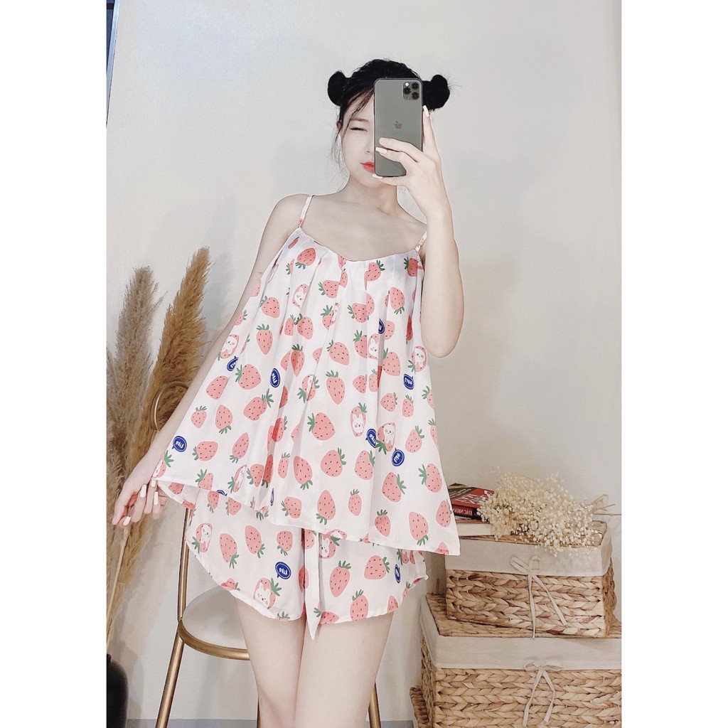 Bộ đồ ngủ lụa 2 dây mặc nhà bigsize, bộ đồ ngủ 2 dây lụa satin cao cấp thoáng mát