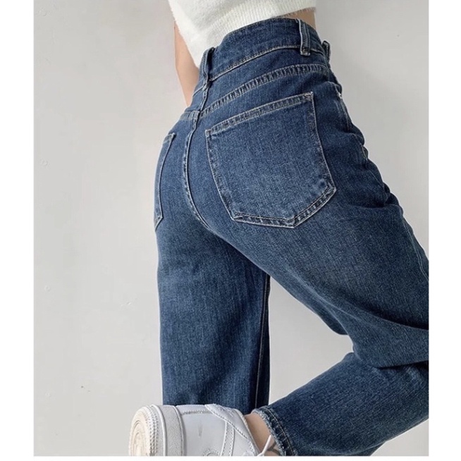 Quần jean nữ màu xanh đậm ống suông loại 1 hai cúc lưng cao phom rộng phong cách Ulzzang Hàn Quốc chất dày dặn xu hướng