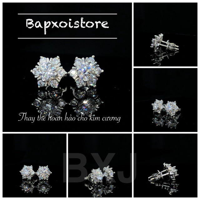 Bông tai Full Moissanite: Chủ4,5ly+Tấm2,0ly; Hàng nướcD trắng đẹp nhất; Viên chủ kiểm định; Chất liệu bạc925 mạ bạch kim