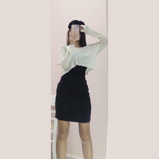 Áo len lưới cổ tim dáng ngắn