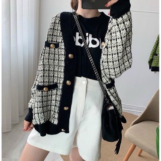ÁO KHOÁC DẠ LEN KẺ CARO NÚT VÀNG
