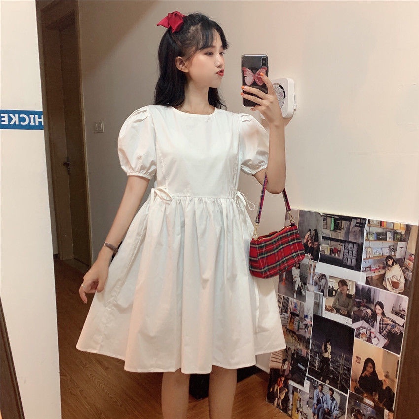 Đầm Chữ A Tay Ngắn Cổ Tròn Màu Trơn Phong Cách Preppy Dễ Thương Thời Trang Mới Cho Nữ
