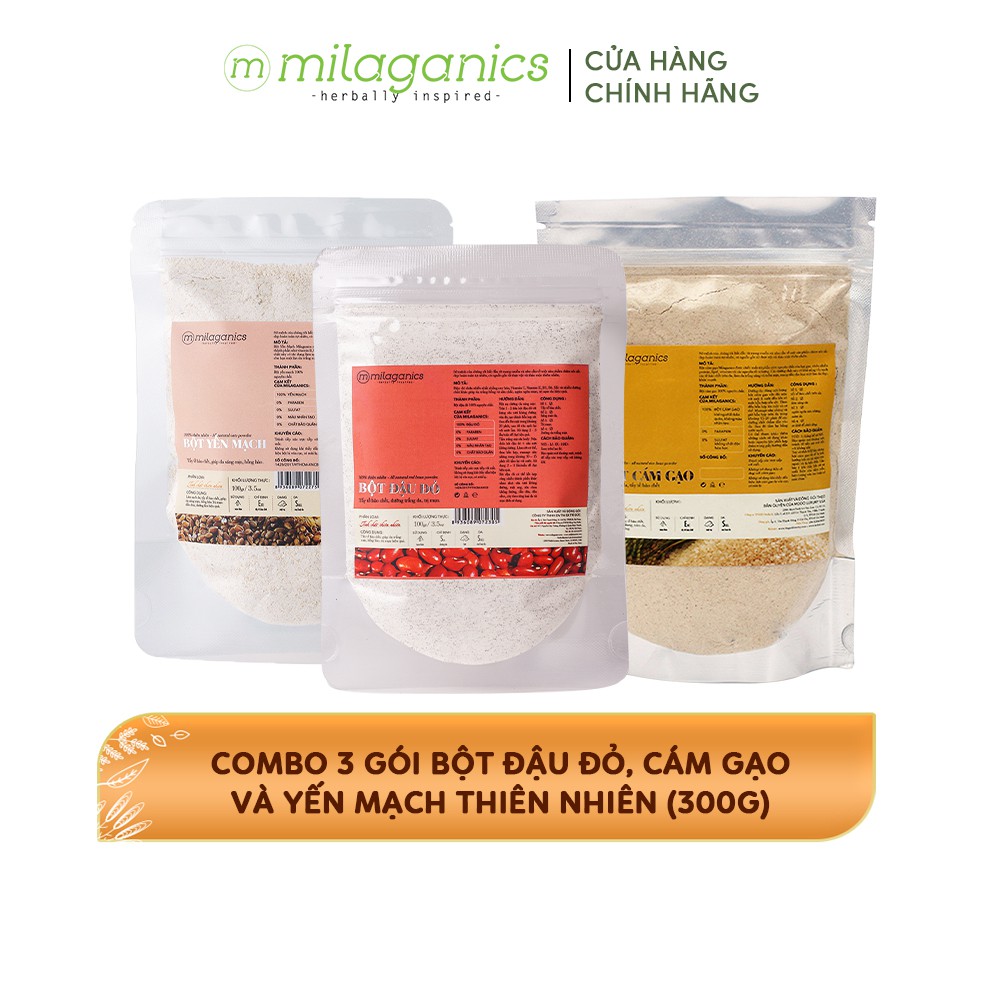 Combo 3 Gói bột đậu đỏ, cám gạo và yến mạch thiên nhiên MILAGANICS (100g/ túi)