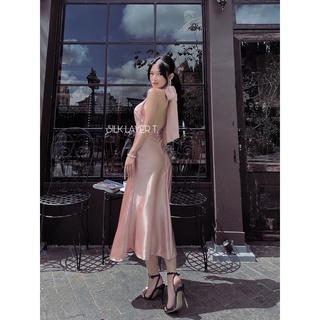ĐẦM LỤA CỔ YẾM màu HỒNG DA LALADY by SILK LAYER T.