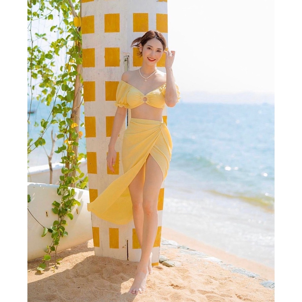 Set 3 món bikini , đồ bơi hai mảnh tay bồng trễ vai phối khoen áo kèm khăn quấn sexy BM-111