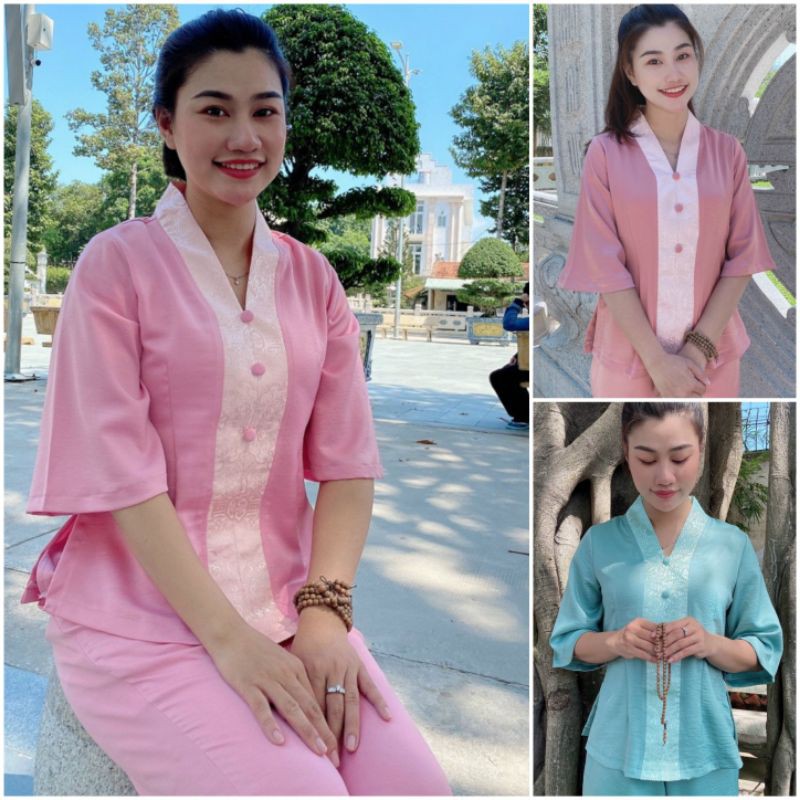 Bộ đồ nữ phật tử đồ lam đi chùa lụa tằm phối viền gấm