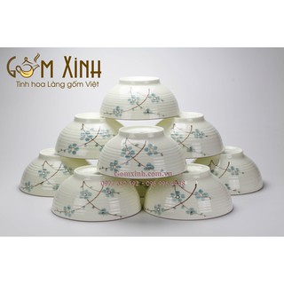 Tô bầu men kem hoa đào vẽ tay_Bát canh bộ đồ ăn Bát Tràng