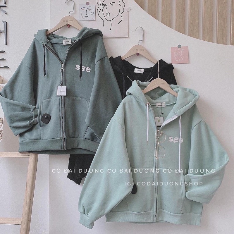 Áo khoác Hoodie nỉ bông logo basic See /Áo hodie kéo khoá zip chất nỉ cotton dày form rộng tay bồng unisex freesize