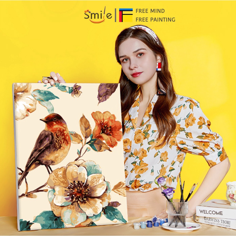 Tranh sơn dầu số hóa tự tô màu theo số SMILE chính hãng FMFP đôi chim sang trọng đã căng khung 40x50cm