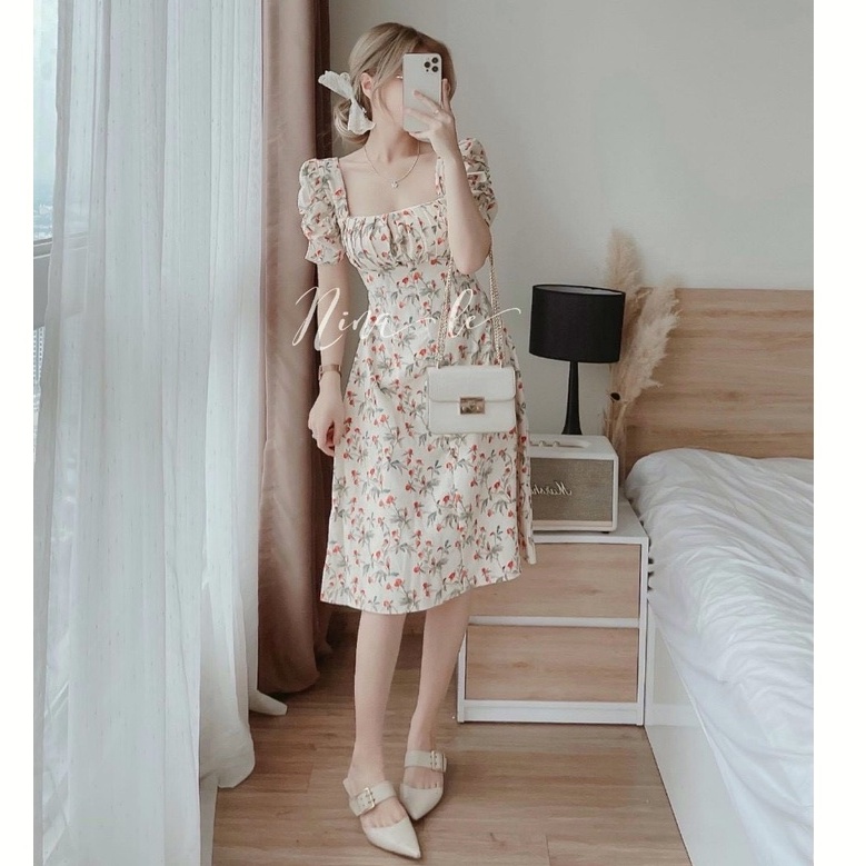 Váy đầm nữ dáng suông cổ vuông đính nút dễ thương