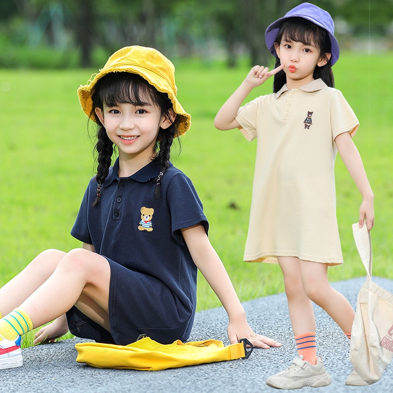 Đầm Thun polo Tay Ngắn Cổ Bẻ Phối Lưới Thoáng Khí 90-160cm Phong Cách Preppy Đơn Giản Cho Bé Gái