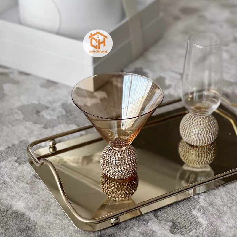 Khay Úp Ấm Chén Bình Cốc 4 Bi Chữ Nhật Mạ Vàng Tráng Gương Cam Homeware