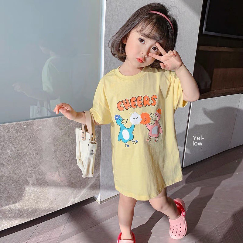 Đầm Thun Cotton Tay Ngắn In Chữ Dễ Thương Cho Bé Gái Từ 1 - 10 Tuổi