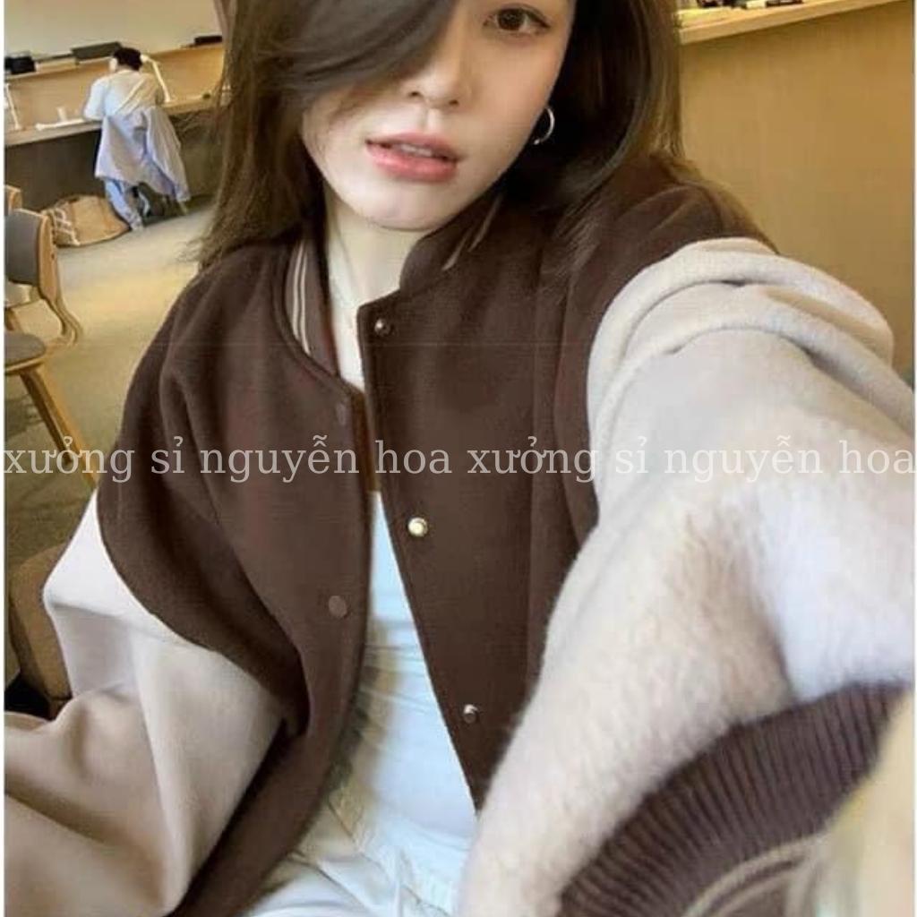 áo khoác bomber nỉ dạ phối tay da họa tiết lửa form dáng rộng unisex nam nữ mặc được màu be phong cách hàn quốc