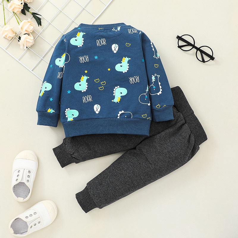 Bộ Trang Phục 2 Mảnh Gồm Áo Thun Tay Dài Và Quần Dài Họa Tiết Khủng Long Hoạt Hình Cho Bé Trai 1-6 Tuổi