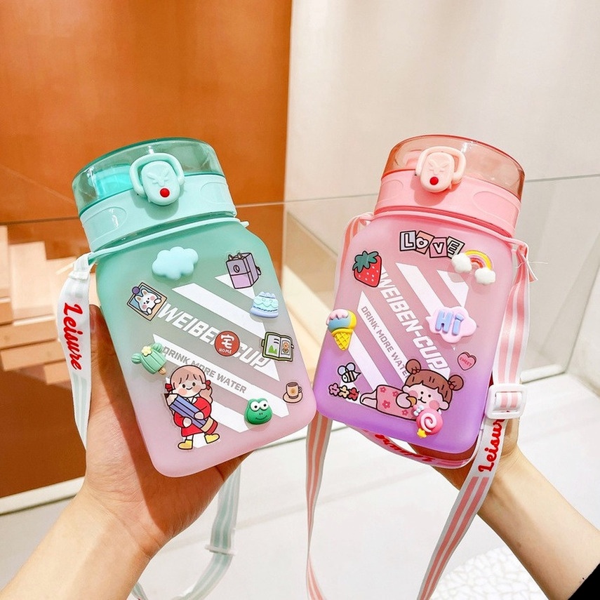 Bình Nước 1200Ml Hình Vuông Màu Gradient Kèm Ống Hút Và Dây Đeo Cho Thể Thao Ngoài Trời