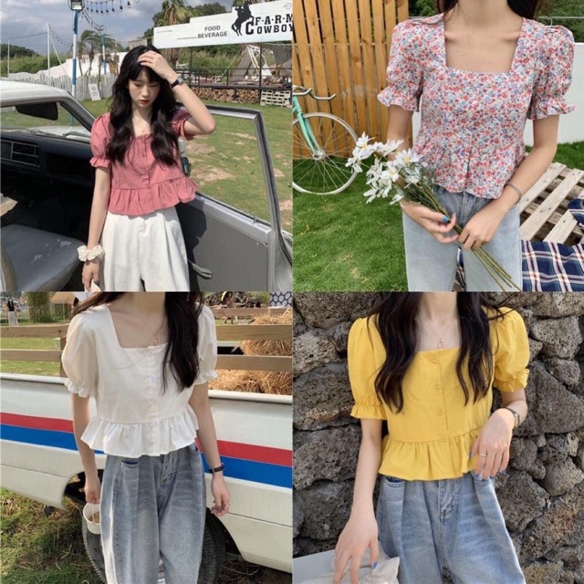 Áo Croptop Cổ Vuông Tay Bồng Tặng Scrunchie Cùng Màu