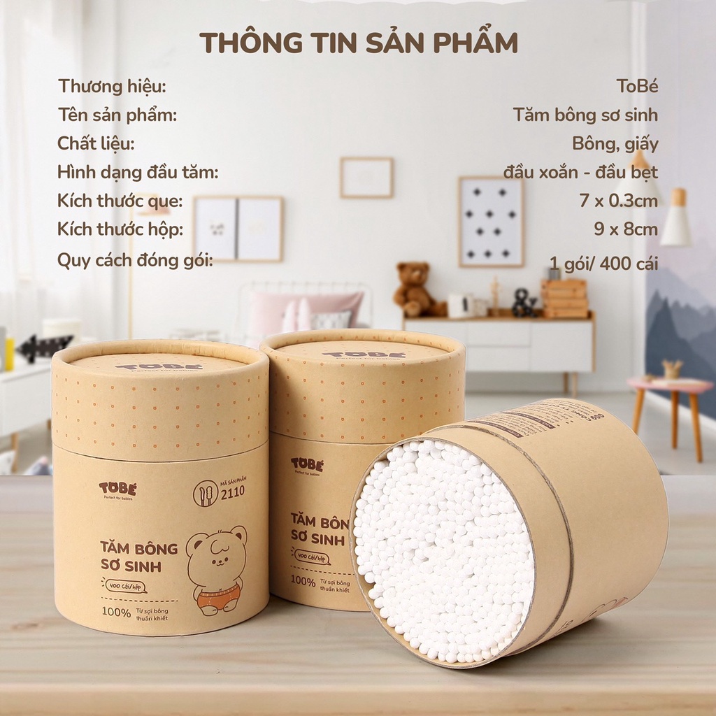 Tăm Bông Sơ Sinh ToBé Cao Cấp Mềm Mịn An Toàn Cho Bé 400c/hộp | Minizon Kids