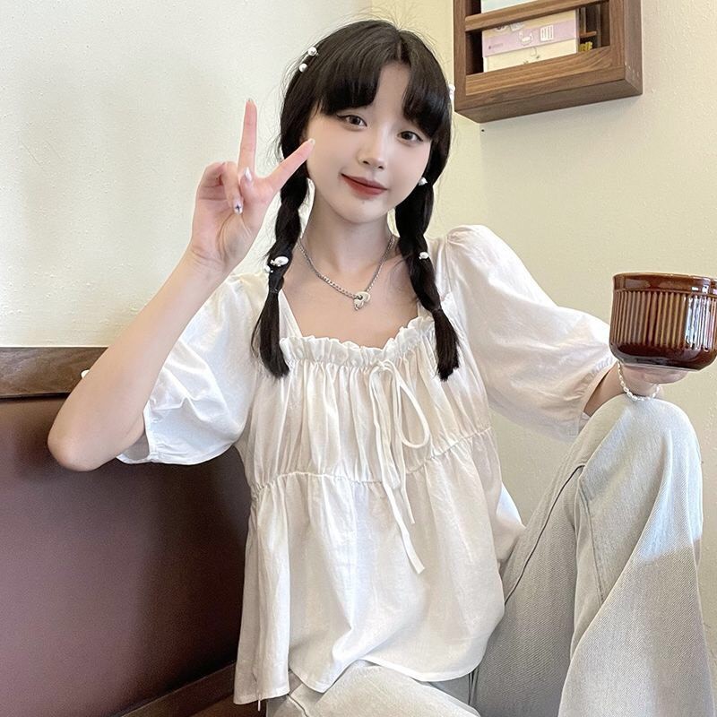 Áo sơ mi nữ tay bồng xếp ly ngực dáng babydoll | BigBuy360 - bigbuy360.vn