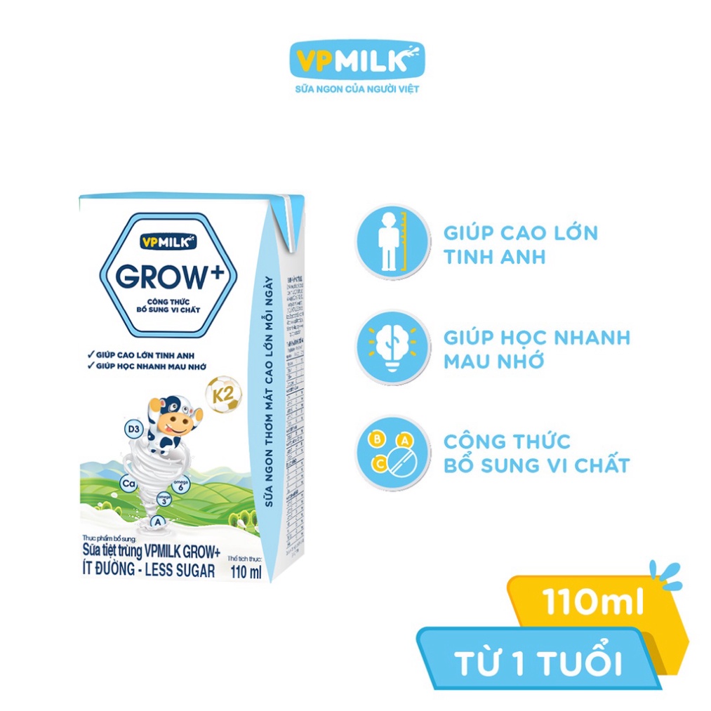 Sữa tiệt trùng VPMilk Grow+ hộp 110ml (thùng 48 hộp)