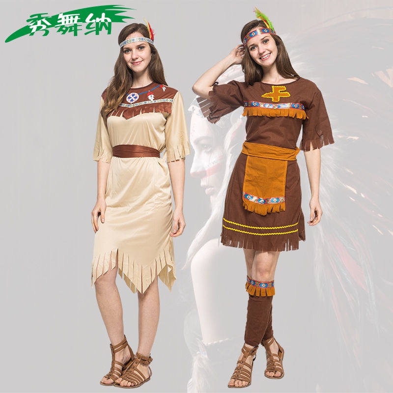 ✺¤✽Người lớn trang phục Ấn Độ Halloween cosplay Quần áo bản địa cosplay Nam và nữ Trang phục dã man của tù trưởng