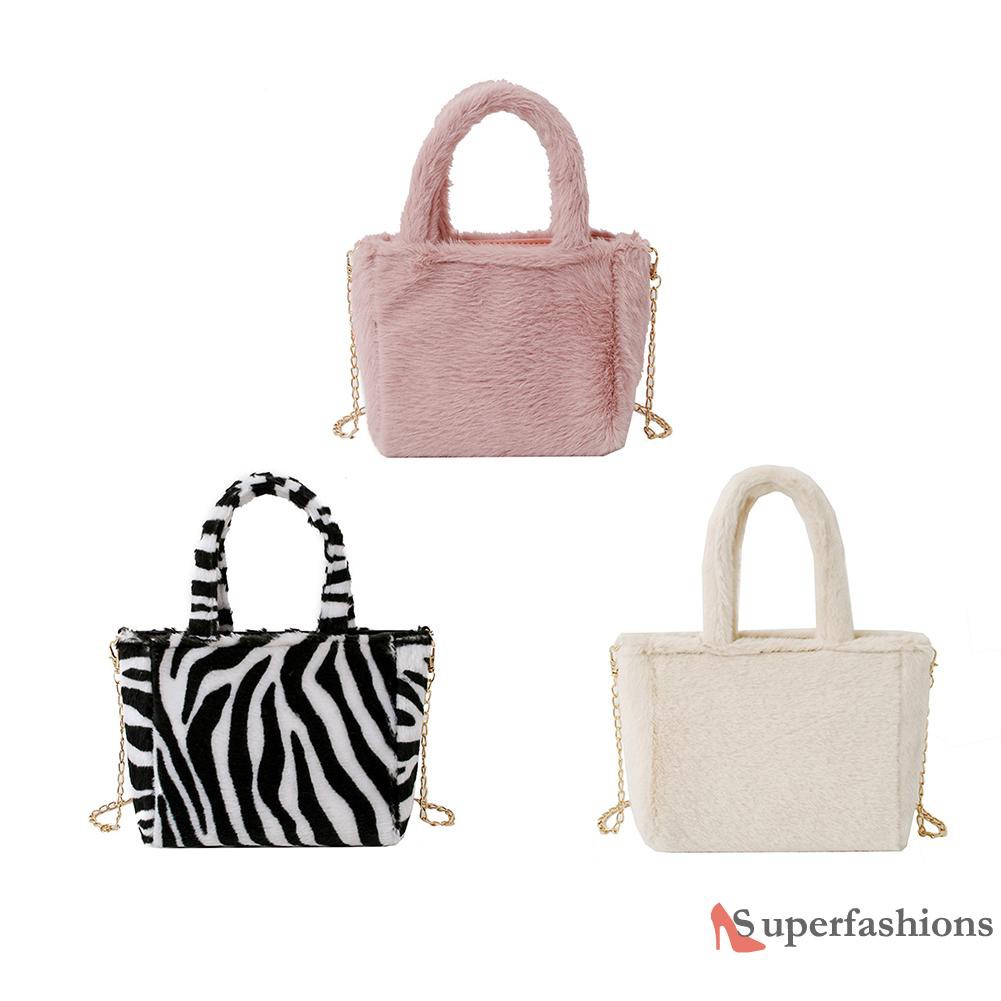 【Hot Sale】Autumn Shoulder Handbag Zebra Pattern Plush Women Chain Messenger Bag Totes