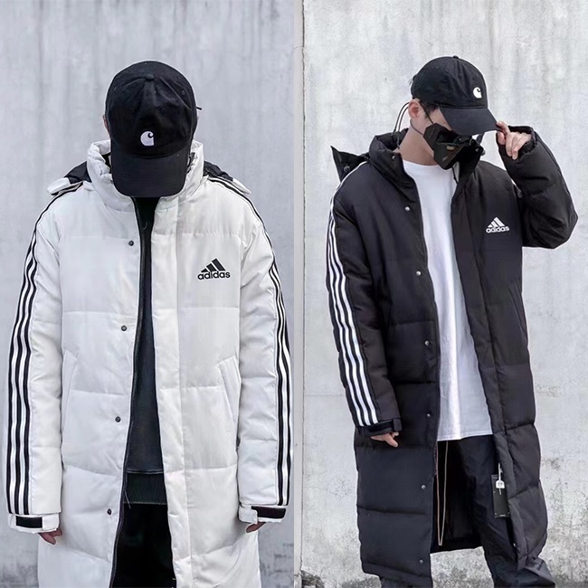 Áo Khoác Phao Adidas Dáng Dài Có Mũ Trùm Phối 3 Sọc Cá Tính