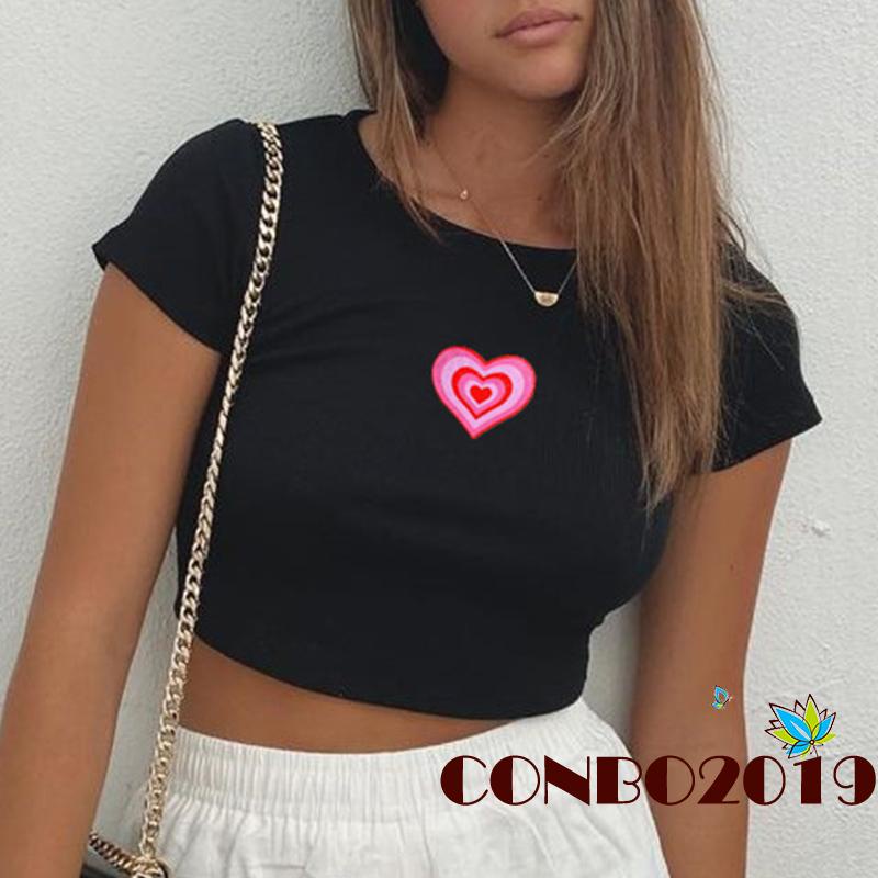 Áo Thun Croptop Tay Ngắn Cổ Tròn In Hình Trái Tim Thời Trang Xuân Hè Cho Nữ