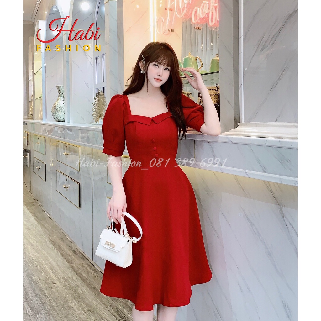 Đầm thiết kế, Váy đầm xòe tay dài hottrend cổ vuông viền ngực nhẹ nhàng sang chảnh