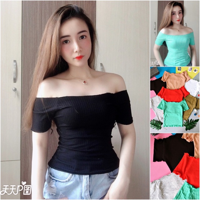 Áo bẹt vai gân kèm hình thật sau cùng
