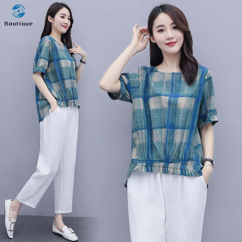  Women's Shirts Pants Suit Plaid Cotton Top Cotton Fabric Pants Fashion Casual Short Sleeve Summer Suit