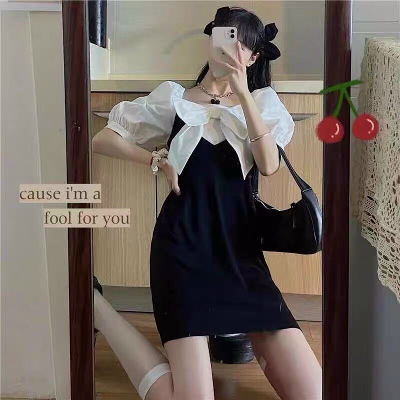 Đầm váy nữ tay phồng cổ vuông ngực phối nơ fom dáng xòe dễ thương, xinh xắn thời trang nữ cho nàng đi chơi, dạo phố
