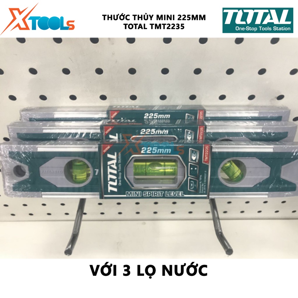 Thước thủy mini có từ TOTAL TMT2235 thước thủy nam châm Chiều dài 225mm, Chất liệu Nhôm và nhựa ABS, Với 3 lọ nước đo gó