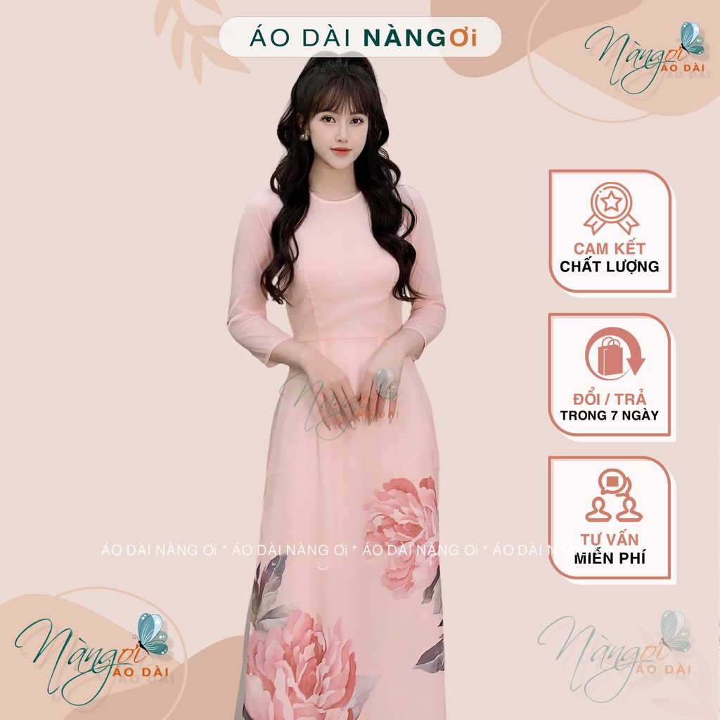 Áo dài cách tân hoa hồng - Áo dài 4 tà Lụa tơ óng mềm cổ tròn dáng đẹp