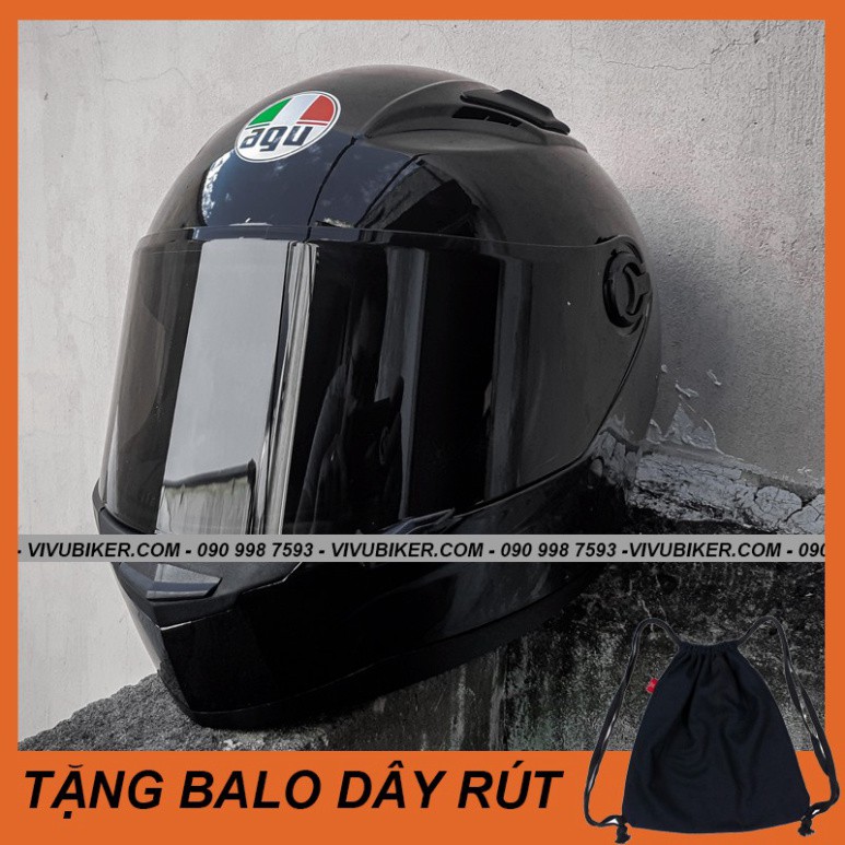 HOT-  Mũ Fullface AGU đen bóng tặng kèm balo dây rút - Mũ bảo hiểm Fullface AGU đen bóng kính đen siêu ngầu