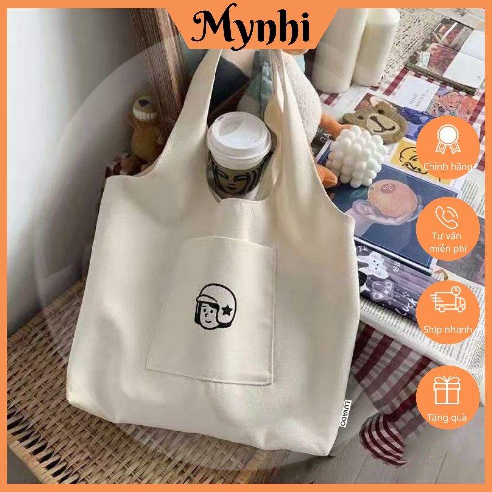 Túi tote, túi vải canvas giá rẻ thời trang đeo vai liền thân có ngăn ngoài in hoạ tiết SMN250