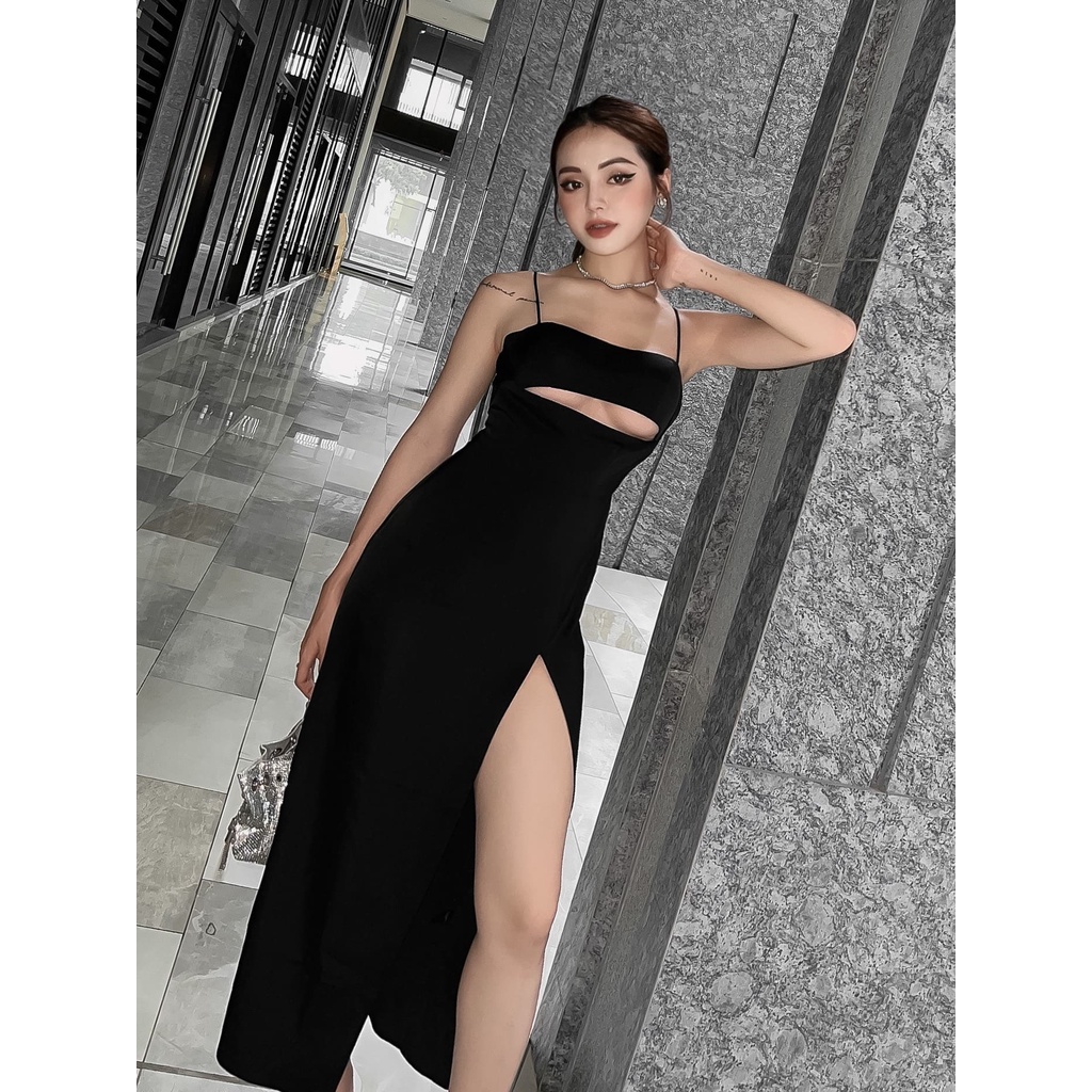 Đầm 2 Dây Khoét Ngực Xẻ Dài LSEOUL V1394 Vải Lụa Sang Trọng Quyến Rũ Phù Hợp Đi Tiệc