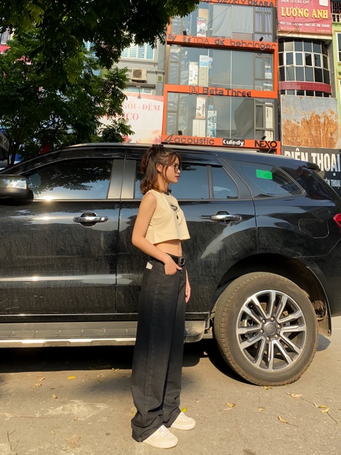Áo crop be viền đen không tay