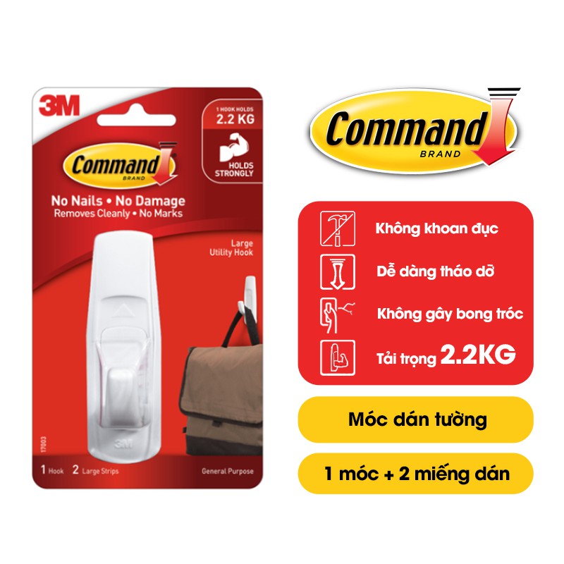 Móc dán tường Command 3M vỉ 1 cái cỡ lớn chịu lực 2.2kg - Dễ sử dụng, độ bền cao, bám cực chắc, tháo cực dễ 17003