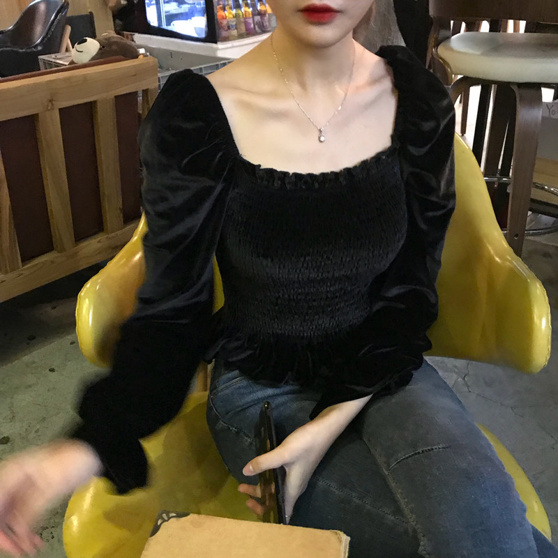 SUXI Áo trễ vai cỡ lớn nhung màu đen cổ vuông thời trang quyến rũ cho nữ