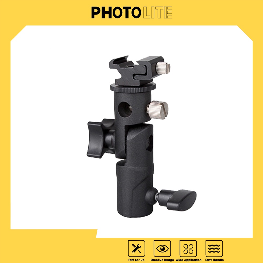 Đế gá gắn flash cầm tay Photolite PA176 vào chân đèn thân kim loại có lỗ để gắn ô tản sáng