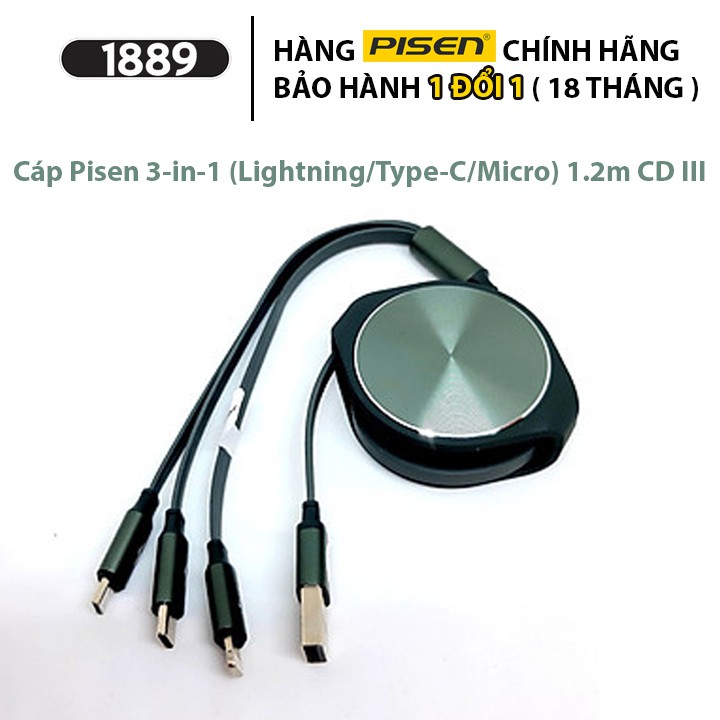 Cáp Sạc 3 Trong 1 (Lightning, Type-C, Micro) 1200mm - CD III - Cáp Pisen 3-in-1 3 Cổng 1.2m CD III - LS-AP10-1200