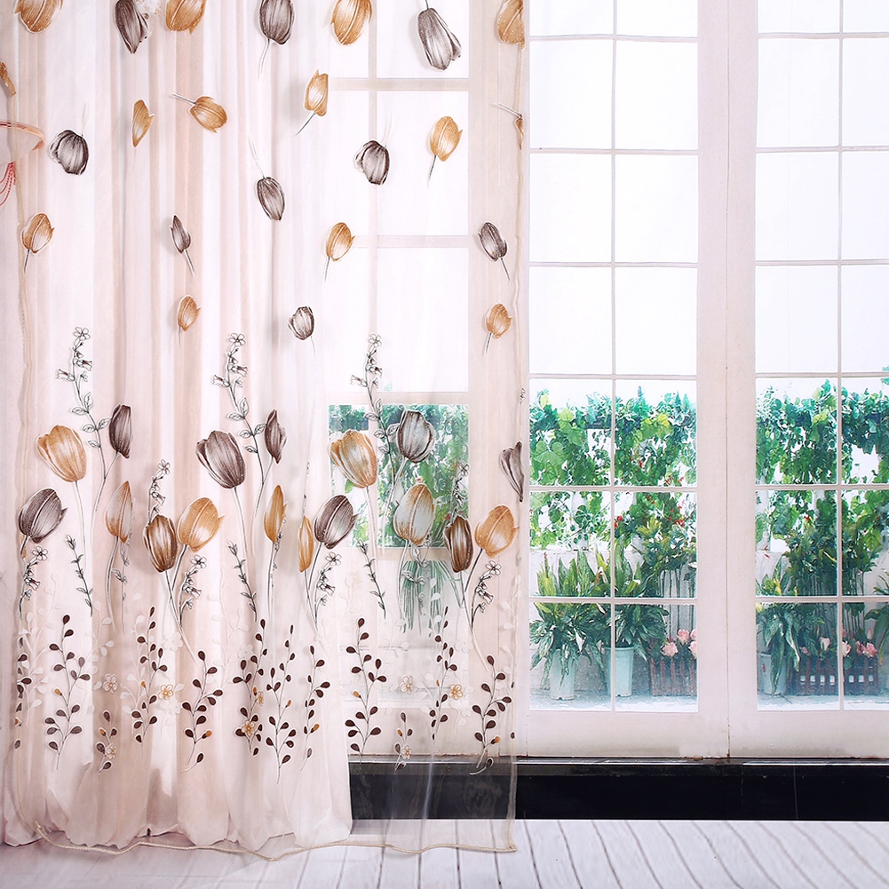 Rèm cửa vải voile họa tiết hoa tulip dùng cho trang trí xinh xắn 100x200 cm