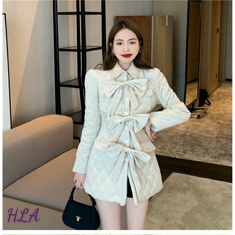 Áo khoác nhung trần trám đính nơ dáng dài
