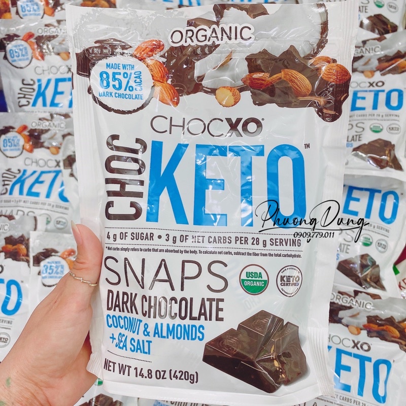 Socola đắng Chocxo Keto Snaps Dark Chocolate Coconut Almond Sea Salt Mỹ 420g