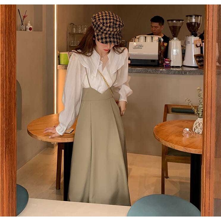 Bộ Áo + Chân Váy Yếm Thời Trang Retro Pháp 2022 Dành Cho Nữ