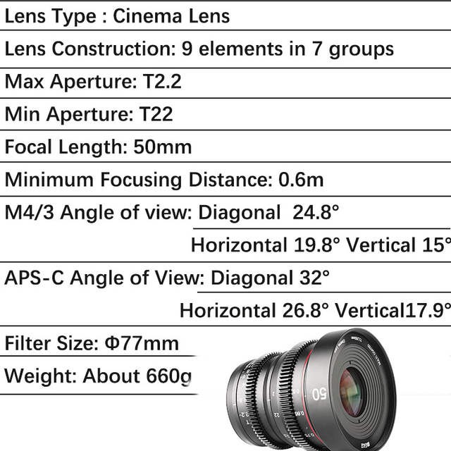 Ống Kính Meike 50mm T2.2 Manual Focus Cinema Lens cho M4/3 Sony Fujiflm