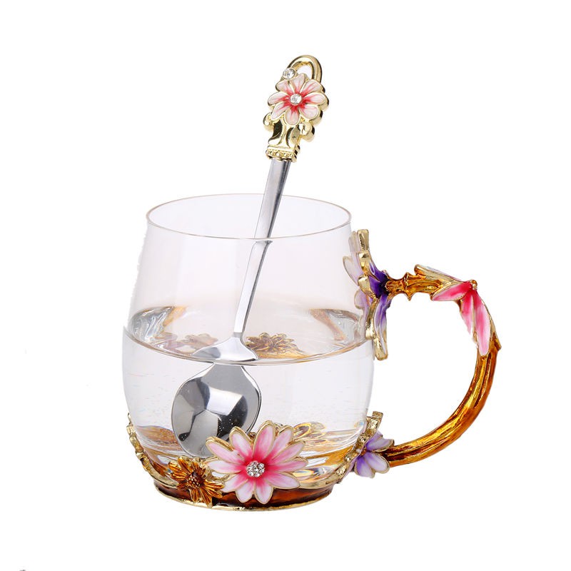 cốc đựng nước men màu trà hoa cúc nữ Pha lê cao cấp chịu nhiệt sữa thủy tinh Cặp đôi Hộp quà sáng tạo